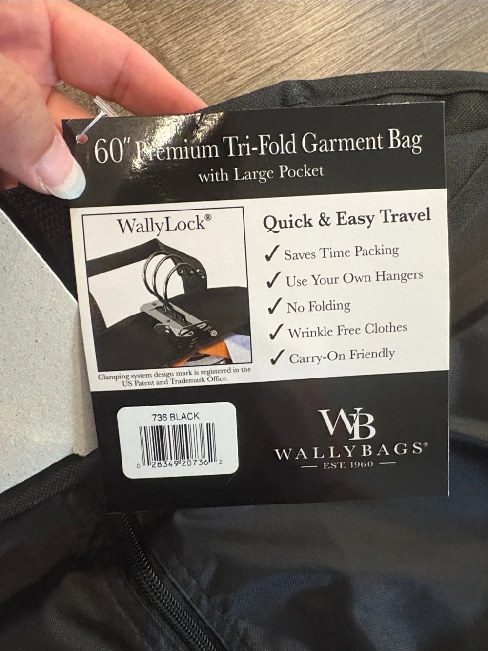 Wally Bags 60” Premium Tri-Fold Garment Bag Black Large Pocket NWT